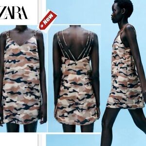 Zara camo strappy V-neck spaghetti strap short mini dress NWT green brown